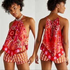 Free People "I Dare You Tank" Red and Pink Graphic Halter Tank Top sz M EUC
